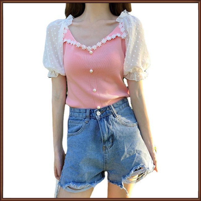 Áo Sweater Dệt Kim Tay Ngắn Phồng Cổ Chữ V Phối Ren Màu Sắc Thời Trang Cho Nữ