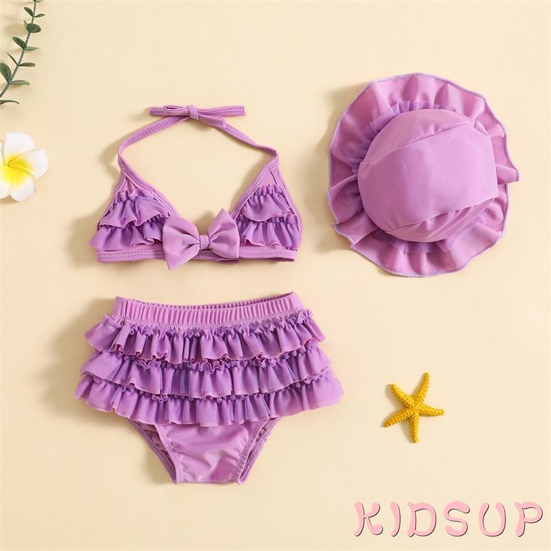 Set Đồ Bơi 1 Món Gồm Áo Cổ Treo + Quần Ngắn Nhiều Lớp + Mũ Thời Trang Mùa Hè Cho Bé Gái