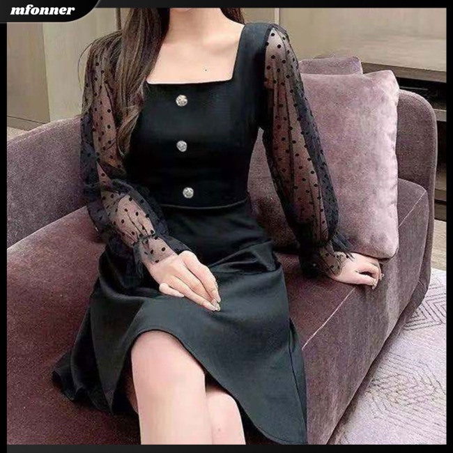 Đầm Chữ A DàI Tay Cổ Vuông, MàU SắC Trơn Cho Nữ