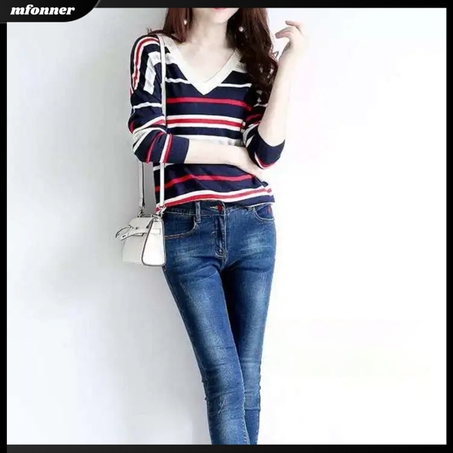 Áo Dệt Kim Nữ Dài Tay Cổ Chữ V Phối Màu Tương Phản Thời Trang