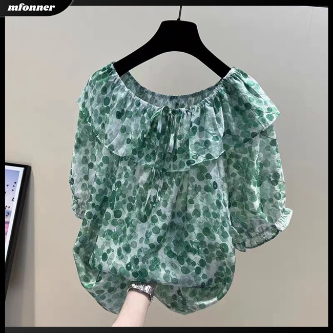 Áo Chiffon Trễ Vai Tay Ngắn Phối Bèo Họa Tiết Hoa Thời Trang Mùa Hè Cho Nữ