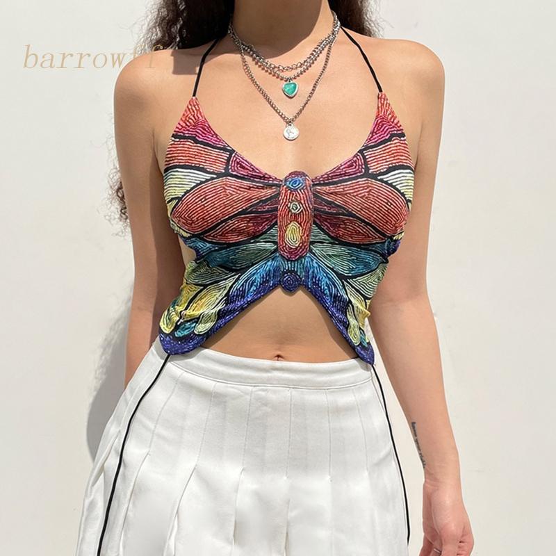 Brroa Áo Croptop Không Tay Hở Lưng Họa Tiết Sọc Cầu Vồng Nhiều Màu Sắc Phong Cách Harajuku Gợi Cảm Mùa Hè Cho Nữ