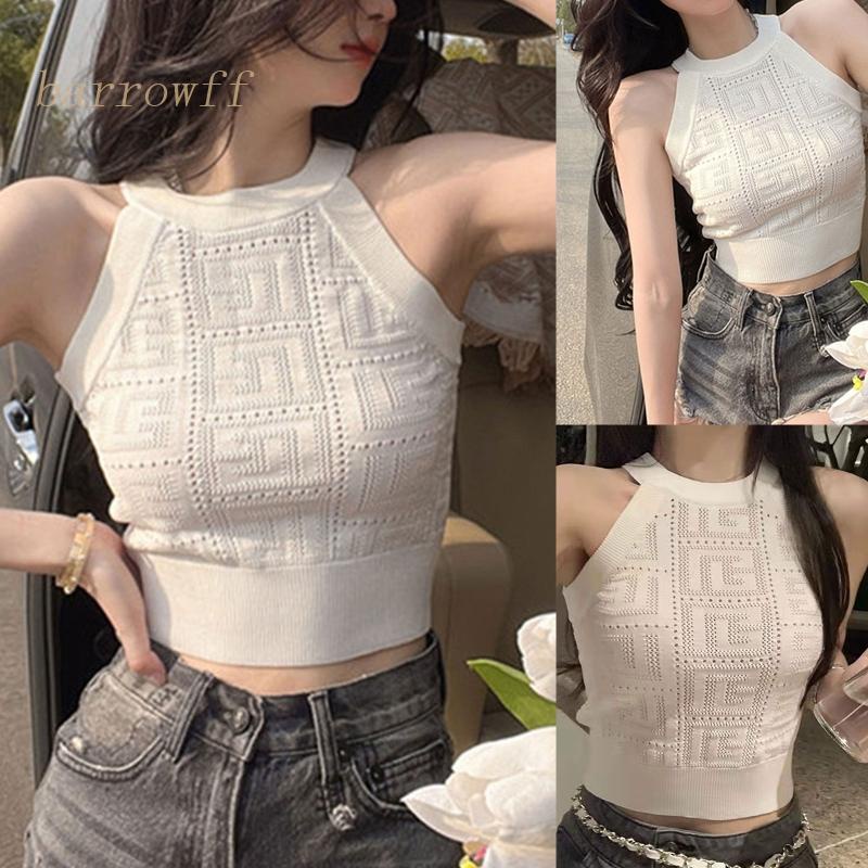 Brroa Áo Croptop Dệt Kim Không Tay Dáng Ôm Họa Tiết Hình Học Khoét Rỗng Cho Nữ
