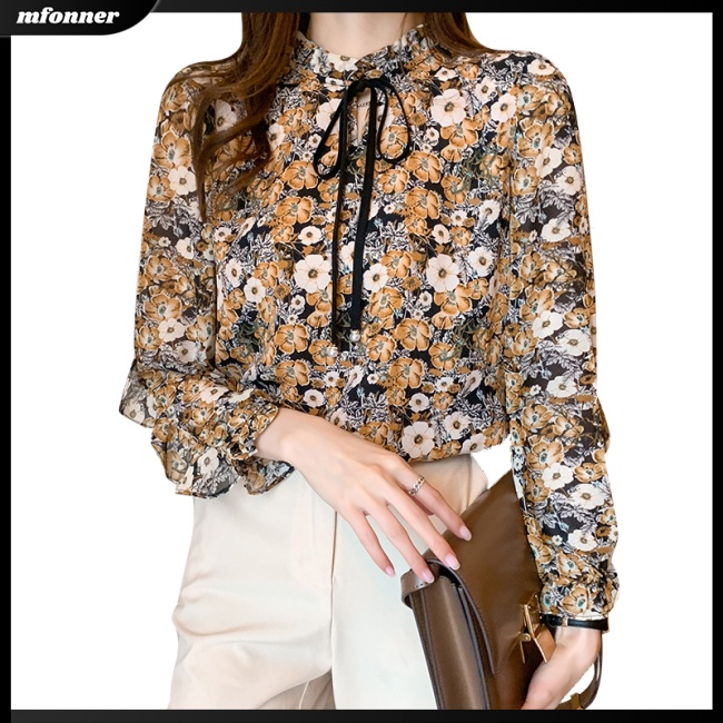 Áo Sơ Mi Chiffon Tay Dài Cổ Đứng Phối Bèo In Họa Tiết Hoa Thắt Nơ Xinh Xắn Cho Nữ