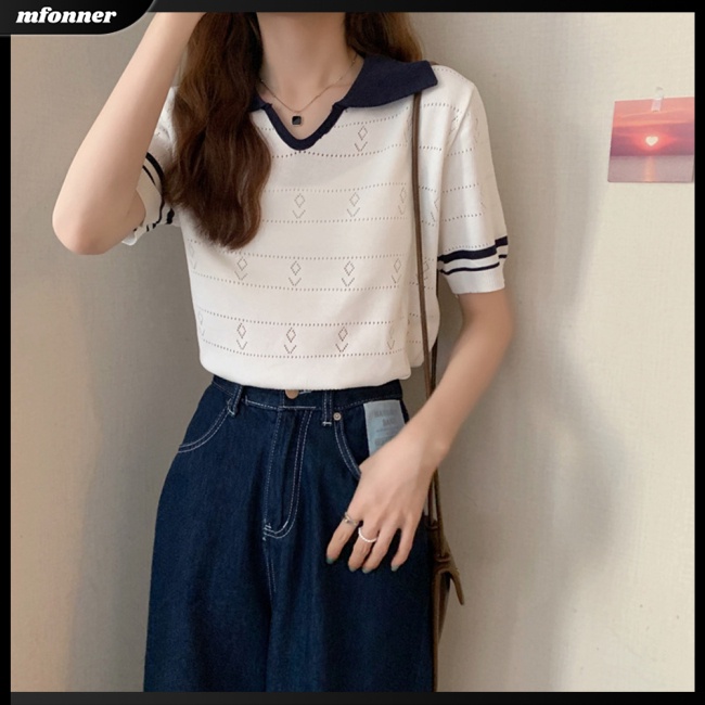 Áo Sweater Dệt Kim Tay Ngắn Kẻ Sọc Màu Sắc Tương Phản Thời Trang Cho Nữ