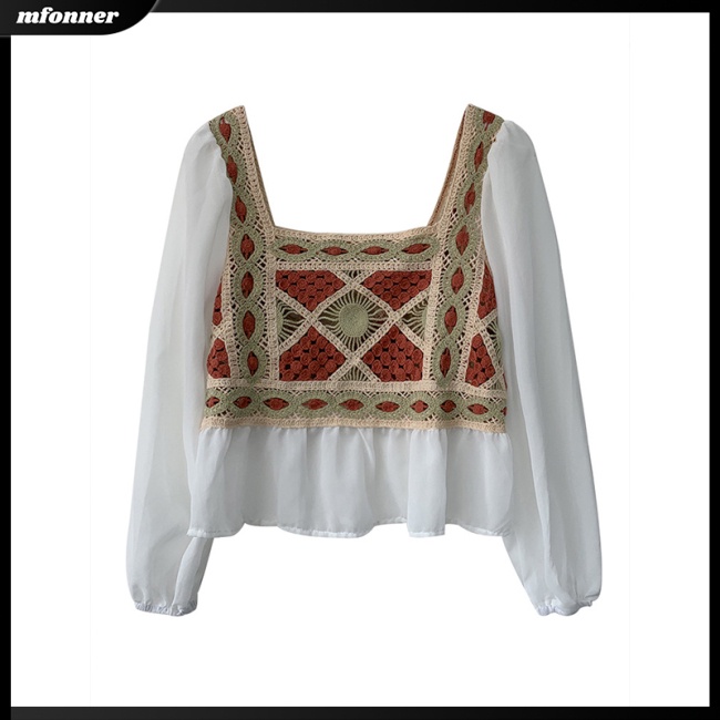 Áo Dệt Kim Chiffon Dài Tay Cổ Vuông Phối Họa Tiết Thổ Cẩm Thời Trang Cho Nữ