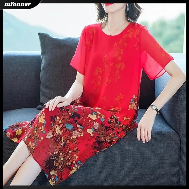 Đầm Tay Ngắn Cổ Tròn Dáng Ôm In Họa Tiết Hoa Xinh Xắn Thời Trang Cho Nữ