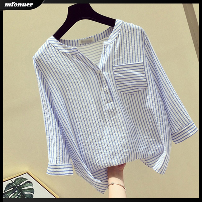 Áo Sơ Mi Chiffon Tay Lửng Dáng Rộng Cổ Chữ V Kẻ Sọc Dọc Thanh Lịch Cho Nữ