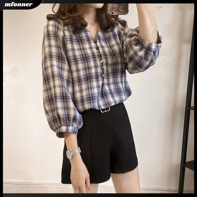 Áo Kiểu Tay Lửng Dáng Rộng Họa Tiết Kẻ Sọc Thời Trang Cho Nữ