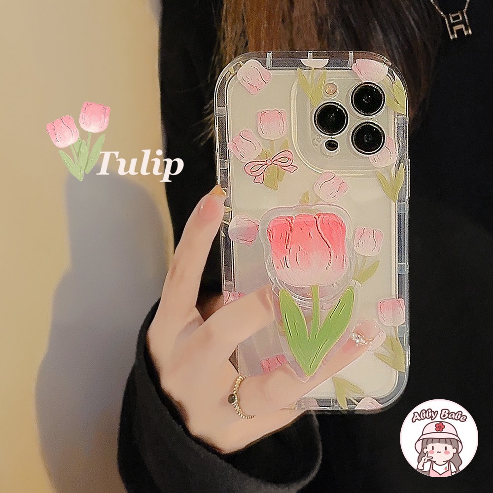 Ốp Điện Thoại TPU Mềm Chống Bụi Hình Hoa Tulip Hồng / Đào Có Giá Đỡ Cho IPhone 14 Pro Max 13 12 11 Pro Max X XS Max