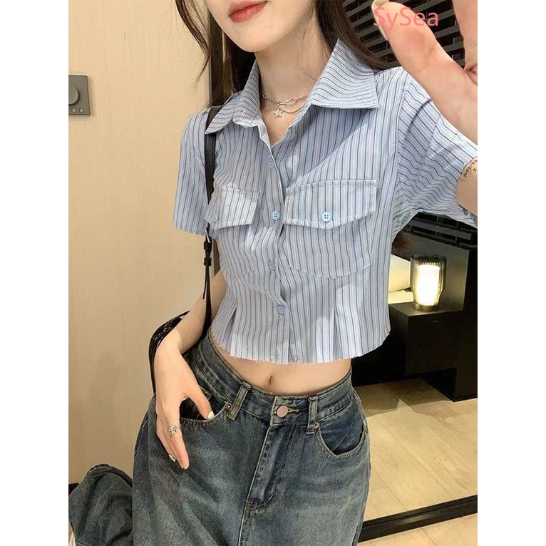 Áo Sơ Mi Ngắn Kẻ Sọc Thời Trang Mùa Hè Hàn Quốc Cho Nữ
