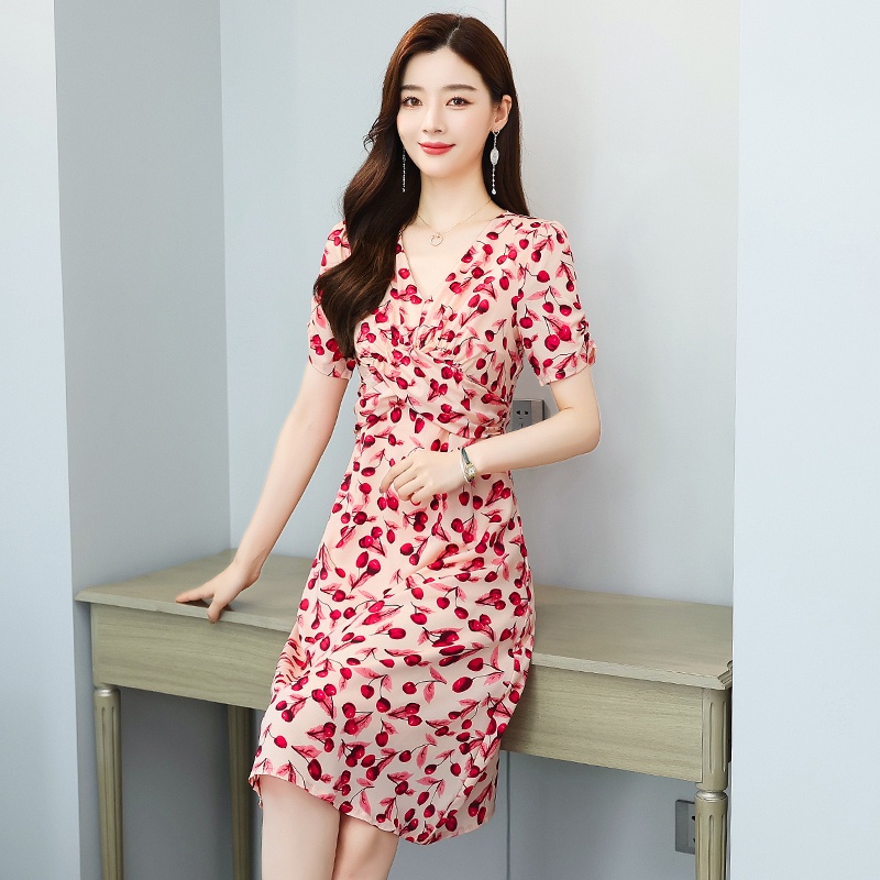 Đầm Chiffon Tay Ngắn Phồng Cổ Chữ V In Họa Tiết Hoa Anh Đào Màu Hồng Thời Trang Mới