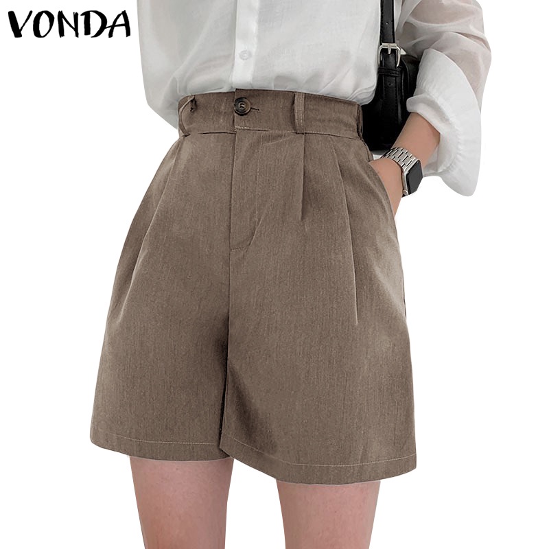Quần short VONDA dáng rộng màu trơn có khóa kéo và túi thoải mái phong cách Hàn Quốc cho nữ