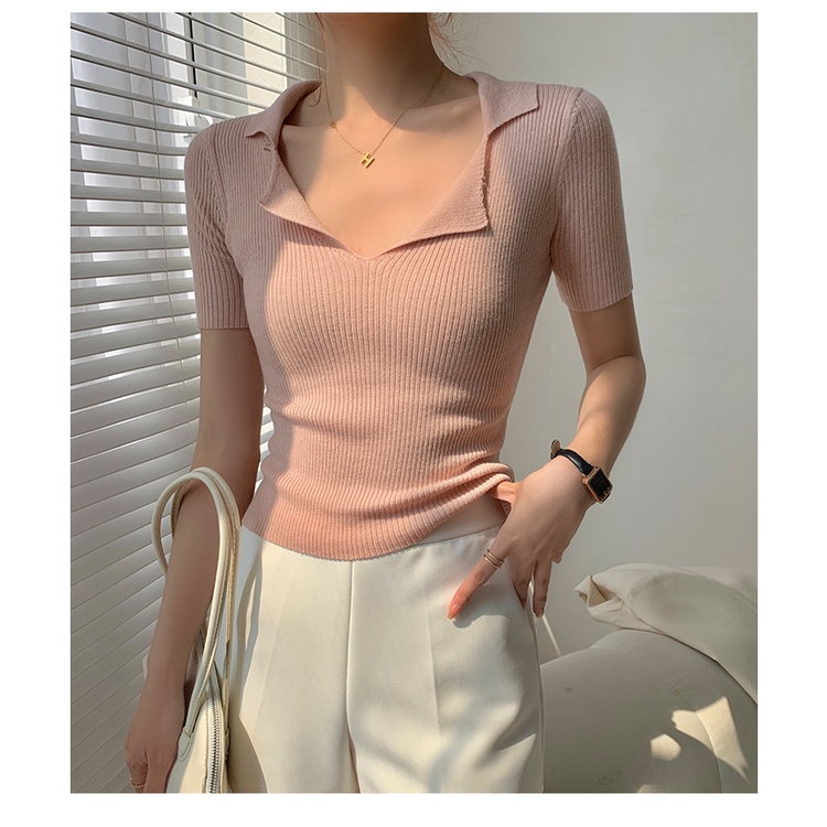 SUXI Áo polo Dệt Kim Tay Ngắn Cổ V Dáng Ôm Thiết Kế Đơn Giản Cho Nữ