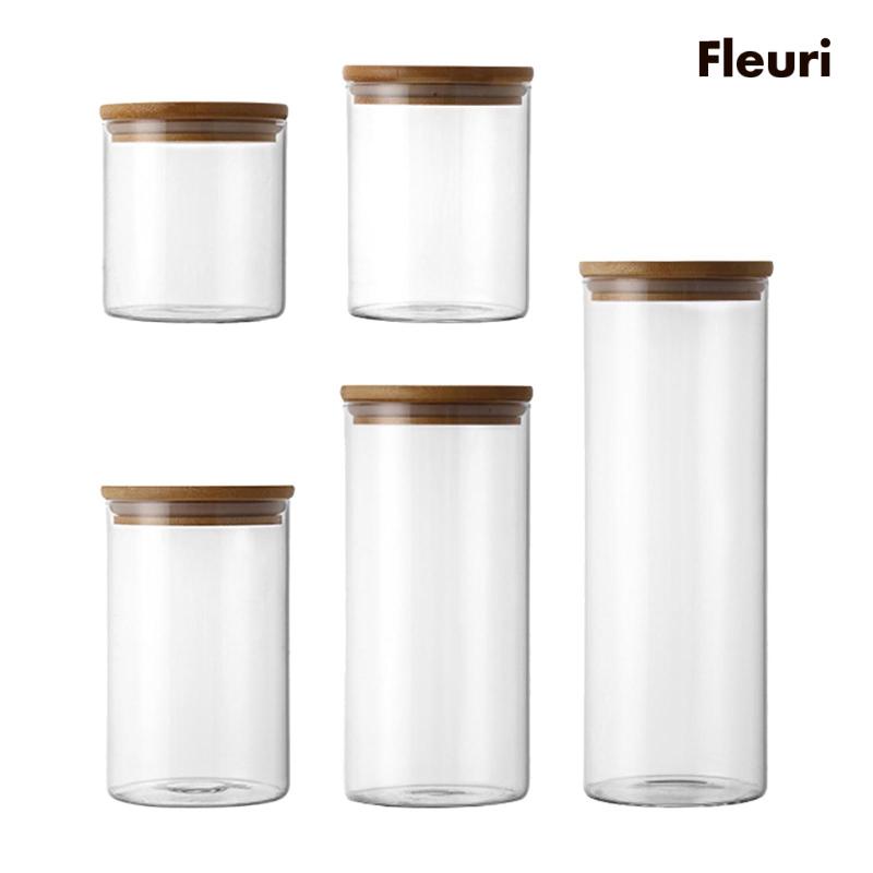 Bộ 5 Hũ Thủy Tinh Đựng Gia Vị Có Nắp Tre Cho Quầy Trà