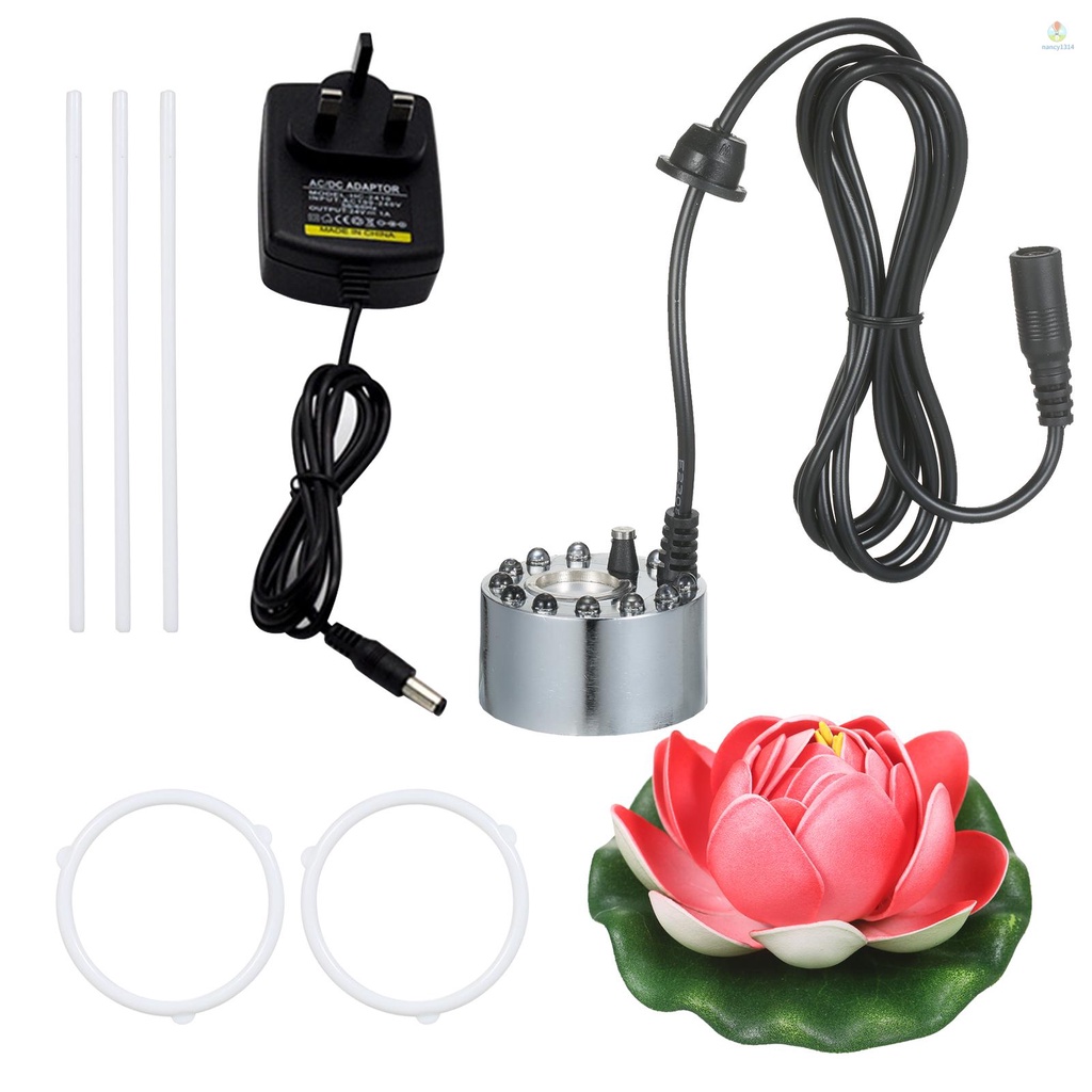 Máy Phun Sương Tạo Sương Siêu Âm 24V 24W Với 12 Đèn LED Và Giá Đỡ Hoa Nhân Tạo Phích Cắm UK Cho Bể Cá / Cảnh Quan