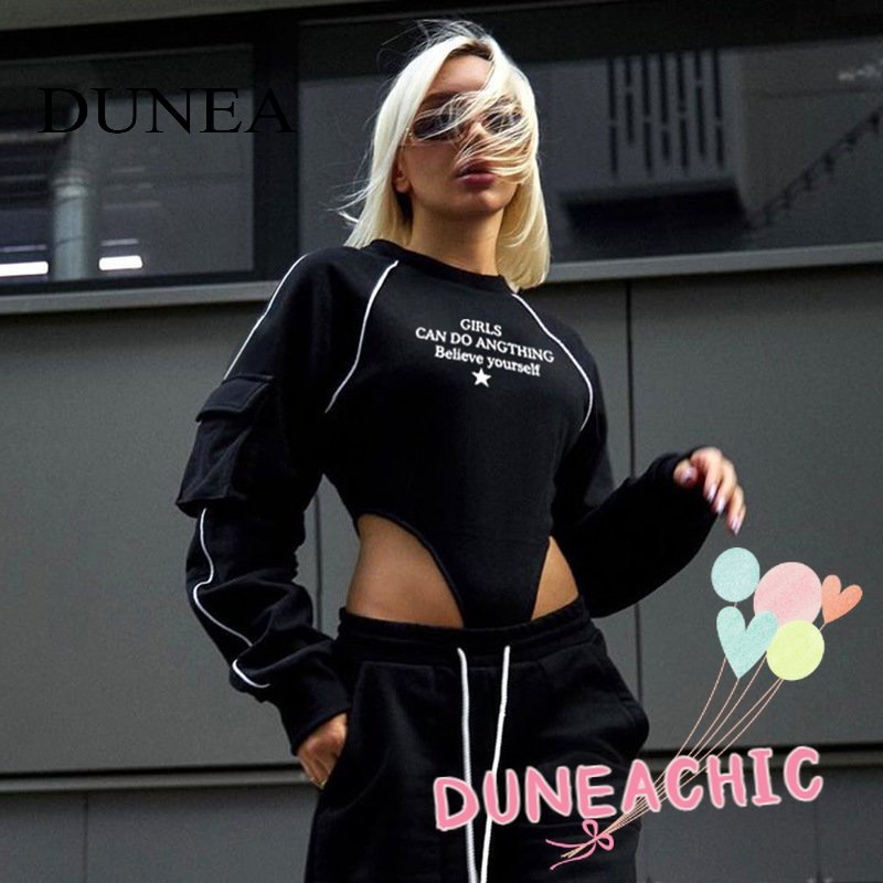 DUNEA Áo Liền Quần Dài Tay Cổ Tròn In Chữ Phong Cách Đường Phố Cá Tính Dành Cho Nữ