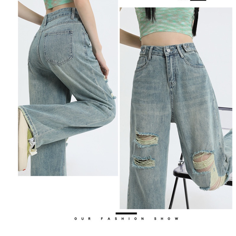 Quần Jean Nữ Lưng RENJIANVSHENG Cao Ống Rộng Rách Gối