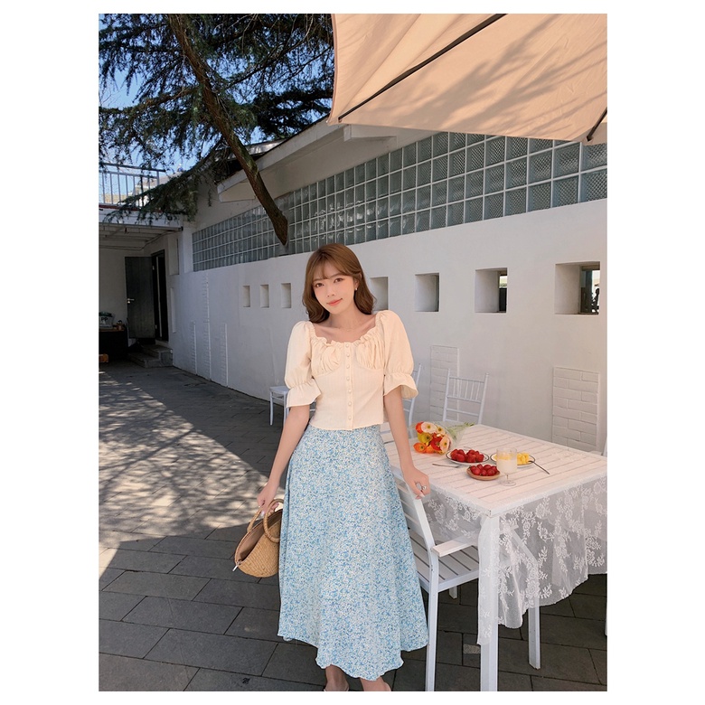 Áo Sơ Mi Tay Ngắn Phồng Màu Trơn Cài Một Hàng Nút Thời Trang Mùa Hè Hàn Quốc Hàng Mới Dành