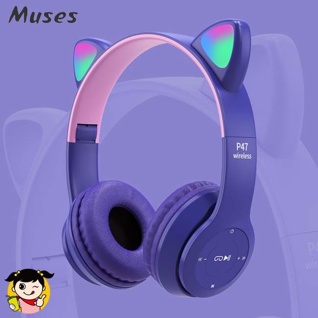 Tai Nghe Chụp Tai P47m Bluetooth Không Dây Thiết Kế Tai Mèo Dạ Quang Dễ Thương