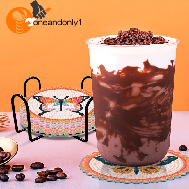 Bộ 6 Đế Lót Ly Hình Tròn Họa Tiết Bướm Đính Đá Nghệ Thuật Diy Kèm Giá Đỡ