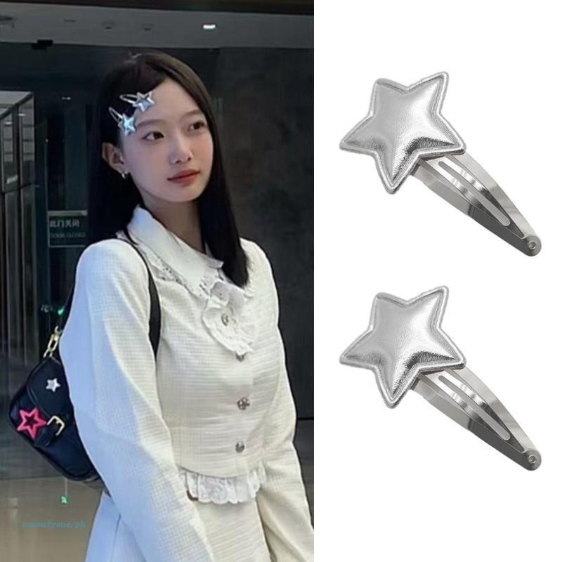 [seve *] Kẹp Tóc Mái Bằng Da Màu Bạc Sáng Năm Cánh Phong Cách Niche Thiết Kế Ngôi Sao Năm Cánh Dành Cho Nữ Y2k