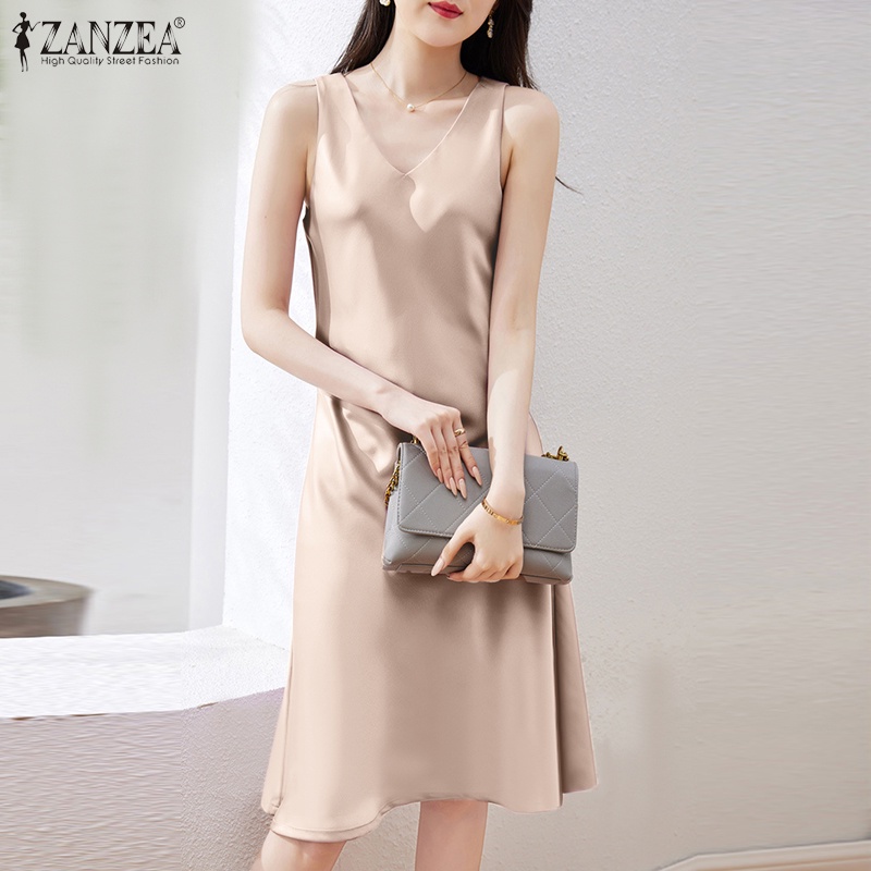 Zanzea Đầm Satin Không Tay Cổ Chữ V Màu Trơn Phong Cách Hàn Quốc Dành Cho Nữ