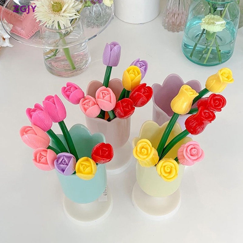 Hộp Đựng Cọ Trang Điểm Bằng Nhựa Họa Tiết Hoa Tulip ZGJY INS Mới