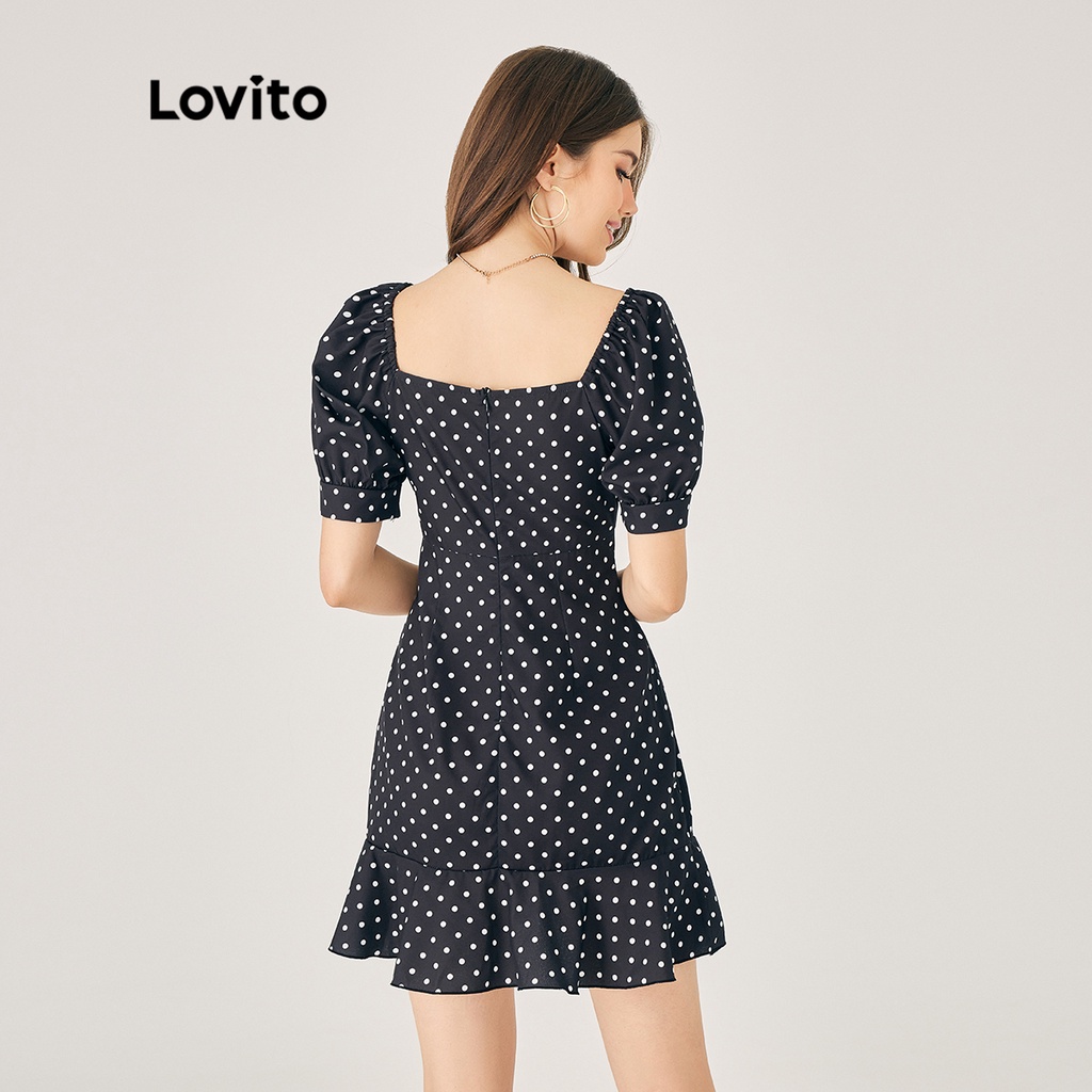 Đầm Lovito tay phồ̀ng cổ vuông phối bèo chấm bi thanh lịch cho nữ LNE02062 (màu đen)