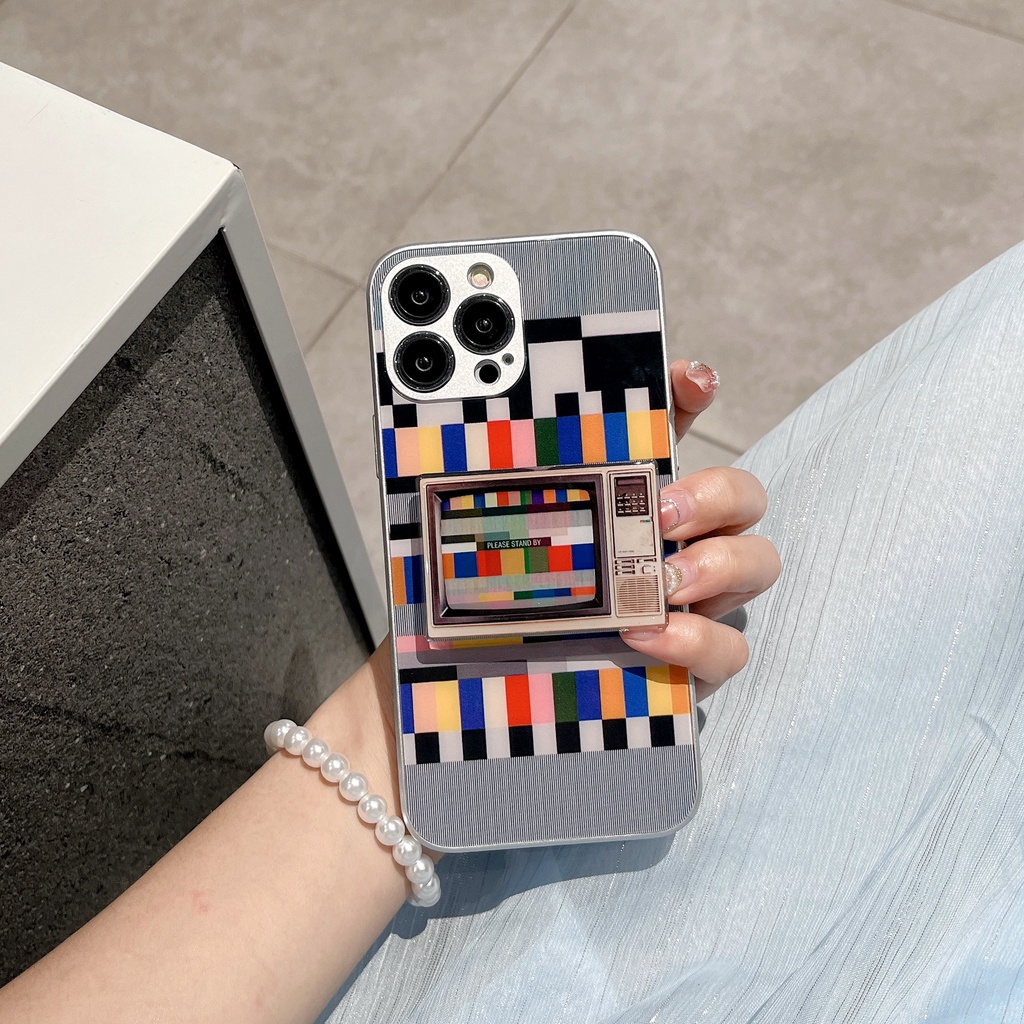 Ốp Điện Thoại TPU Silicone Mềm Mạ Điện Hình TV Sáng Tạo Có Giá Đỡ Bảo Vệ Toàn Diện Cho iPhone 14 13 12 11 PRO MAX