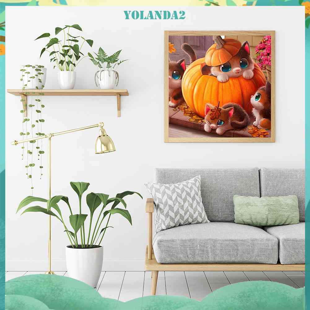Bộ Tranh Đính Đá 5D Toàn Diện Họa Tiết Mèo Và Bí Ngô Độc Đáo DIY Dùng Trang Trí Nhà Cửa