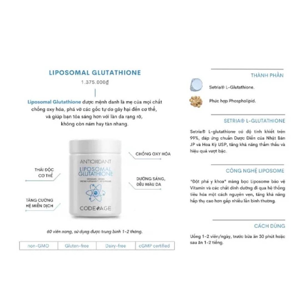 [Chính hãng] [Kèm quà]  Viên Uống Code Age Antioxidant Liposomal Glutathione Hỗ Trợ Trắng Sáng Da CodeAge 60 Viên