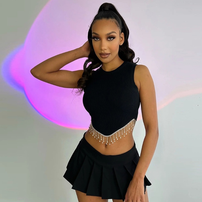 Áo Croptop Sát Nách Phối Tua Rua Đính Đá Thời Trang Cho Nữ Y2k