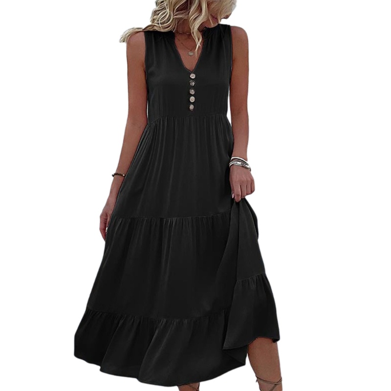 Đầm Dáng Suông Không Tay Cổ Chữ V Eo Cao Màu Trơn Thích Hợp Mặc Hàng Ngày