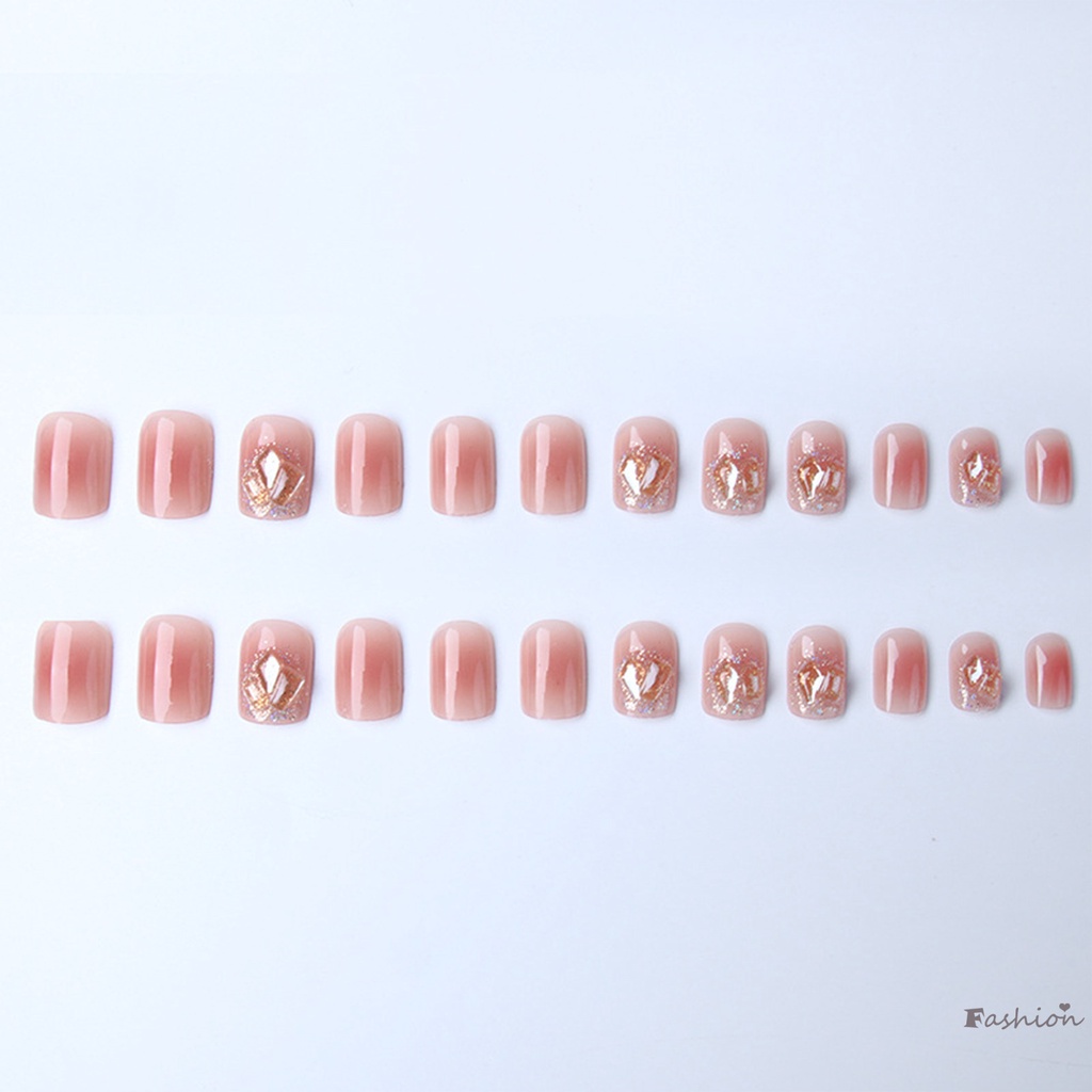 Bộ Móng Tay Giả Hình Vuông Ngắn Đính Kim Cương Giả Màu Rượu Champagne