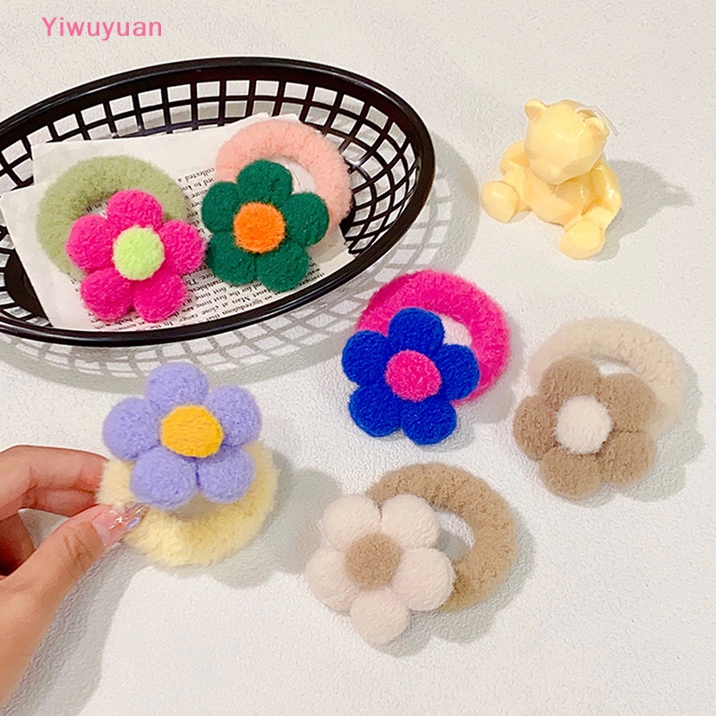 Dây Buộc Tóc Cao Su Co Giãn Bọc Vải Lông Đính Hoa Ngọt Ngào Cho Nữ