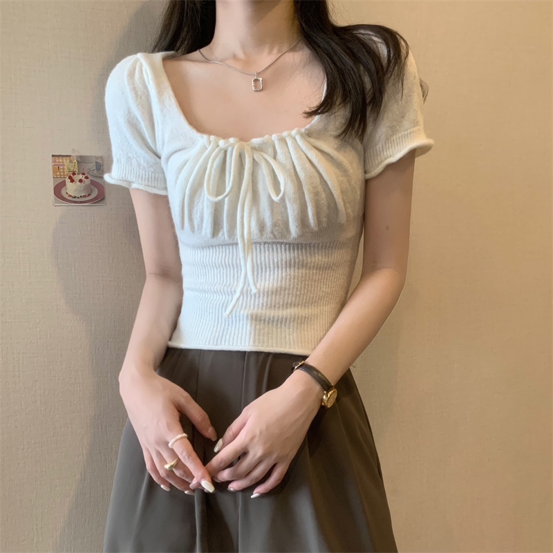 Áo Thun Dệt Kim Tay Ngắn Cổ Vuông Màu Trơn Phối Dây Rút Thời Trang Mùa Hè Hàn Quốc