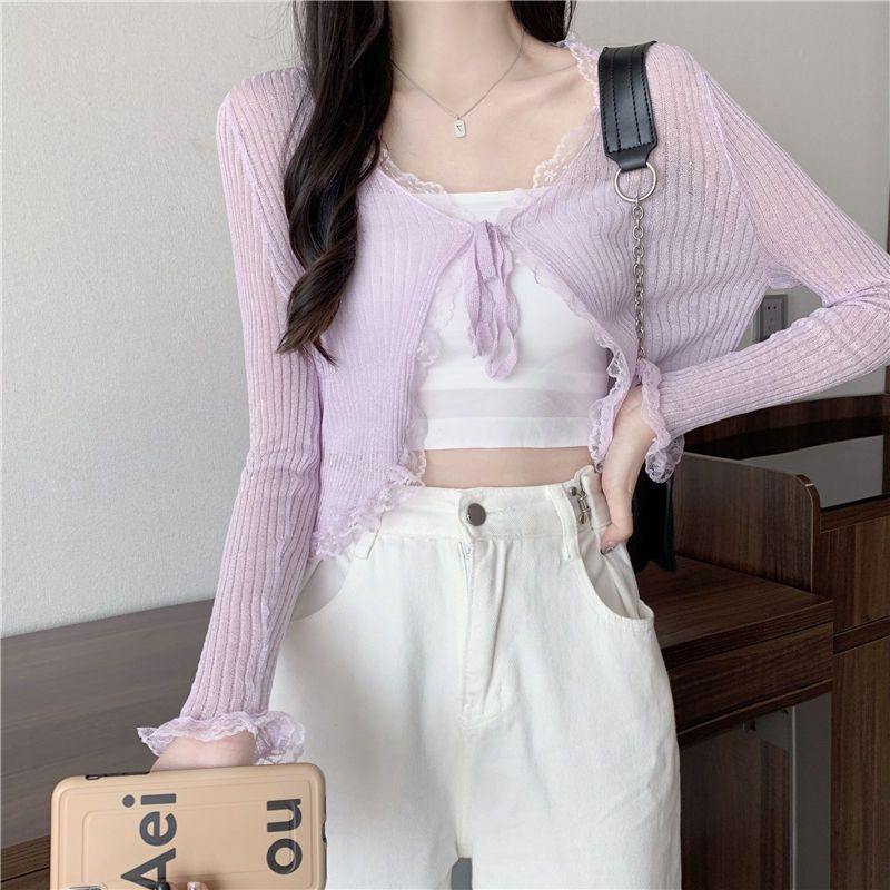 Áo Khoác cardigan Dệt Kim Mỏng Phối Ren Chống Nắng Thời Trang Mùa Hè Cho Nữ