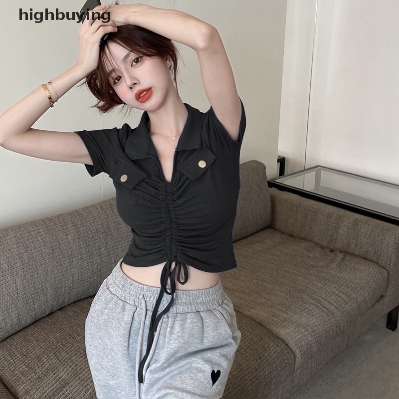 Áo Thun Lửng Tay Ngắn Cổ Chữ V Màu Sắc Đơn Giản Cho Nữ