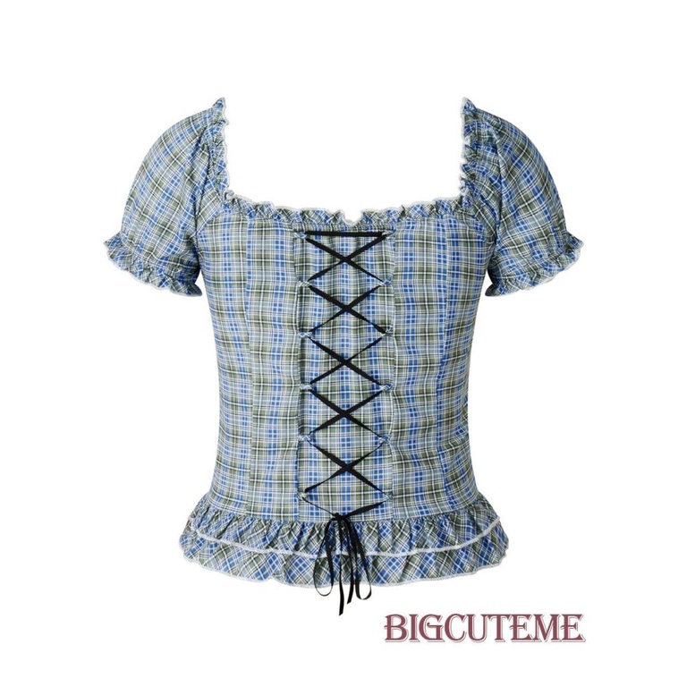 Áo Croptop Tay Ngắn Họa Tiết Sọc Caro Xinh Xắn Cho Nữ