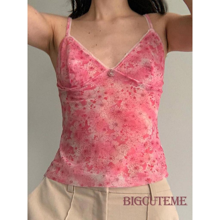 Áo Sát Nách Cổ Chữ V Xuyên Thấu In Họa Tiết Hoa Phong Cách Đường Phố Thời Trang Mùa Hè Cho Nữ