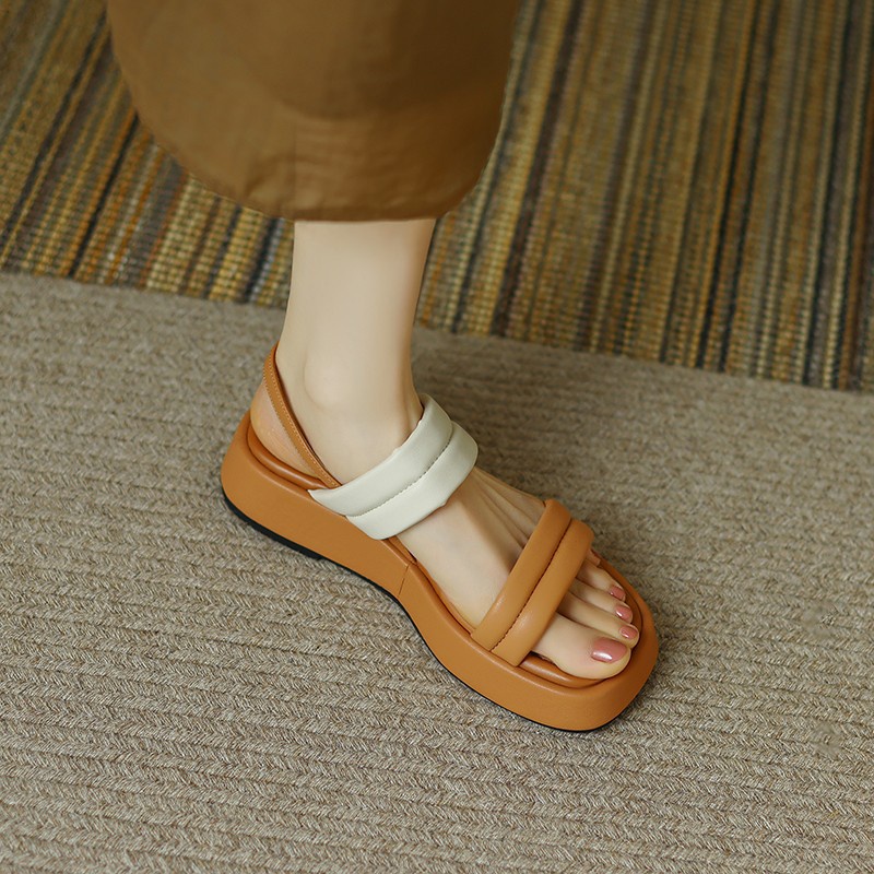 Duoya Tóc Thẳng ~ [Hàng Có Sẵn] Giày Sandal Hở Ngón Quai Da Mềm Phẳng Dày Mùa Hè Dễ Mặc Đi Biển Cho Nữ Miễn Phí Vận Chuyển