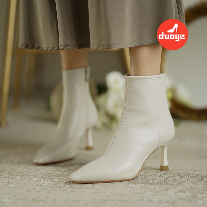 Duoya Giày Bốt Cao Gót Da Mềm Mỏng Màu Nâu Thời Trang Thu Đông Cho Nữ