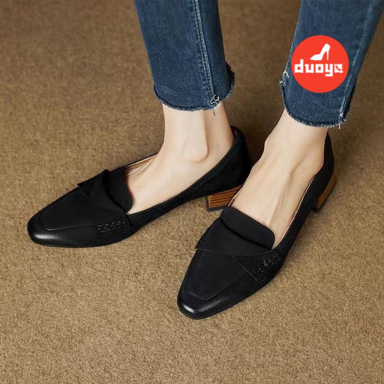 Tóc Duoya Thẳng ~ [Hàng Có Sẵn] Giày Búp Bê Mũi Vuông Đế Mềm Phẳng Gót Thấp Phối Màu Khóa Kim Loại Hợp Thời Trang Cho Nữ (3cm) Giày Cao Su Mũi Nhọn Thời Trang Thanh Lịch Cho Nữ