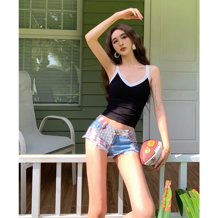 Quần Short Denim Phối Màu Thời Trang Mùa Hè Quyến Rũ Cho Nữ