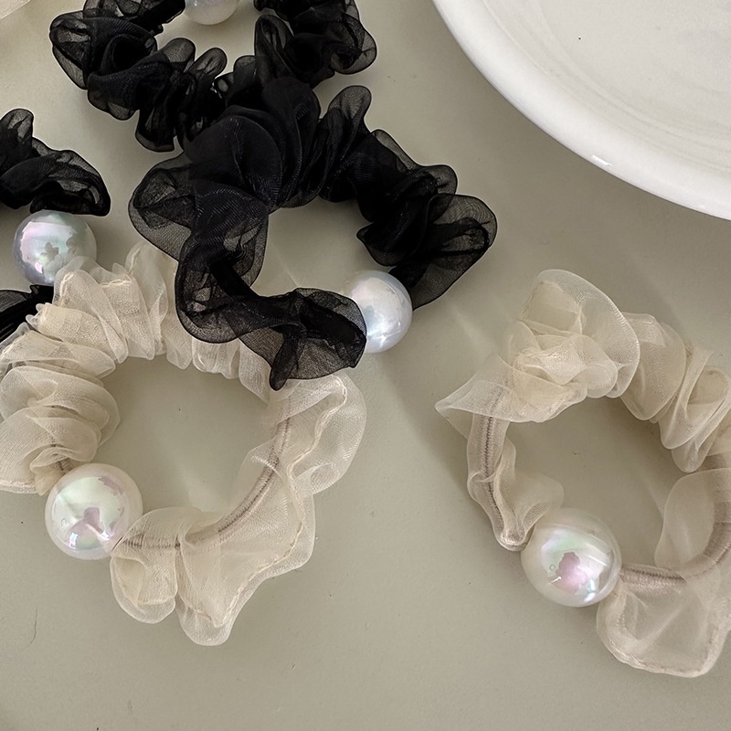 Dây Cột Tóc Lưới Co Giãn Đính Hạt Ngọc Trai Màu Đen / Be Phong Cách Hàn Quốc