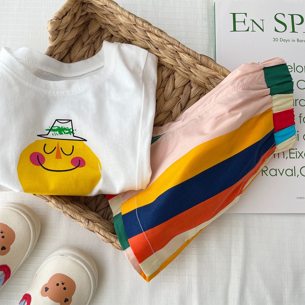 BEAR LEADER Bộ Áo Thun In Hoạt Hình Mặt Cười + Quần Đùi Kẻ Sọc Dành Cho Bé Trai Gái