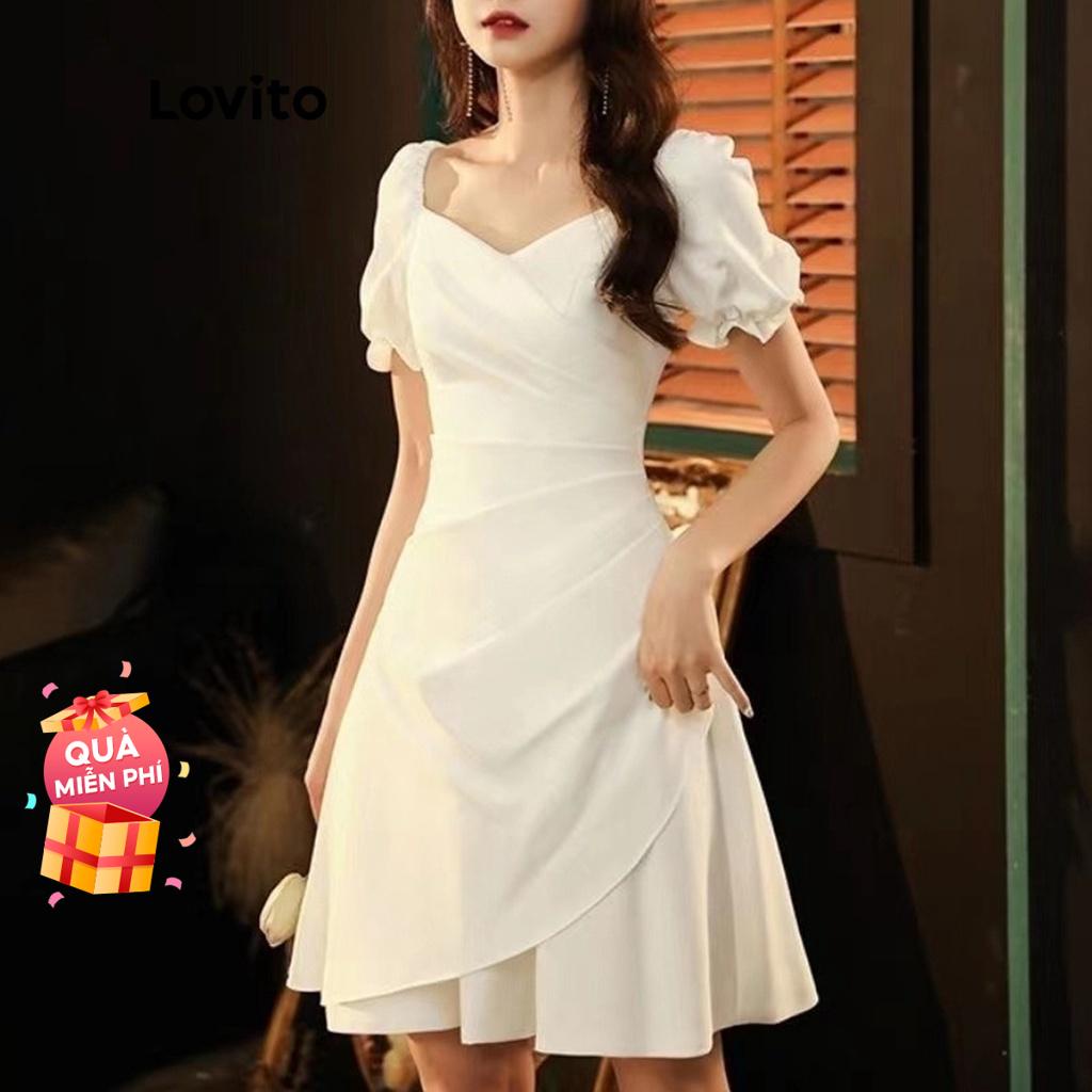 Đầm midi Lovito dáng xòe tay phồng ngắn màu trơn cơ bản cho nữ LNE02206 (màu trắng)