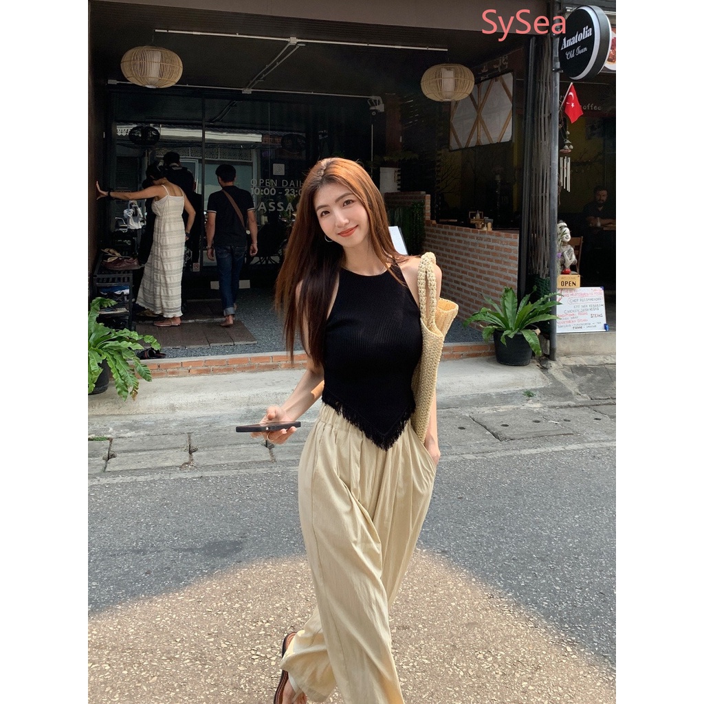 Áo Hai Dây Dệt Kim Ôm Dáng Phối Tua Rua Thời Trang Mùa Hè Cho Nữ