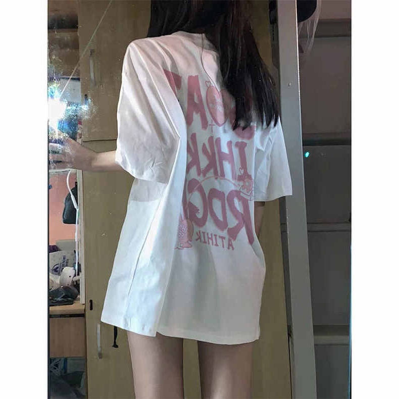 Áo Thun Cotton Ngắn Tay Dáng Rộng In Chữ Sau Lưng Thời Trang Mùa Hè Cho Nữ